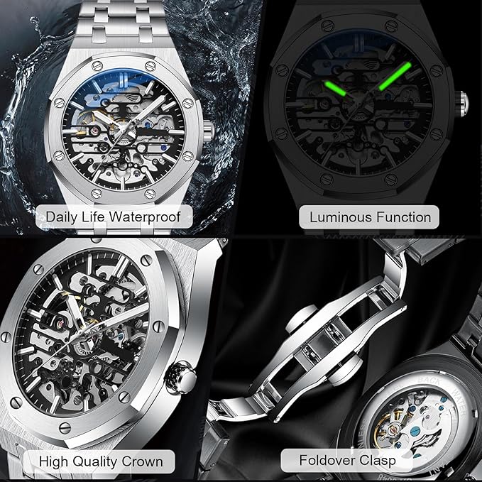 RORIOS Relojes Hombre Mecánico Automático Reloj de Pulsera Dial Esqueleto Relojes con Correa de Acero Inoxidable Luminoso Reloj