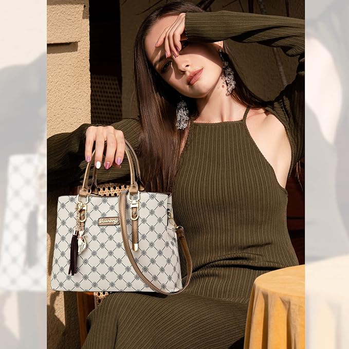 NICOLE & DORIS Bolsos de Mano Mujer Bolso Estampado Bolso Señora Bandolera Elegancia Mediano Bolso Tote Cuero PU Bolsos de Hombro con Colgante Beige con Marrón