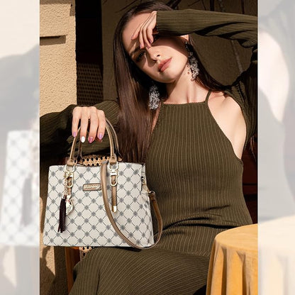 NICOLE & DORIS Bolsos de Mano Mujer Bolso Estampado Bolso Señora Bandolera Elegancia Mediano Bolso Tote Cuero PU Bolsos de Hombro con Colgante Beige con Marrón
