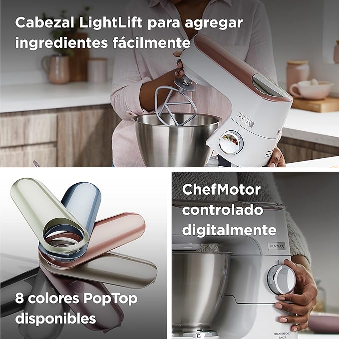 Kenwood Titanium Chef Baker KVC65.001WH - Robot de cocina con báscula integrada (1200 W, incluye 3 utensilios de pastelería, espátula y protector contra salpicaduras), color blanco