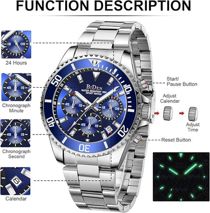 HANPOSH Reloj Hombre Cronógrafo de Acero Inoxidable Impermeable Fecha Analógica Reloj de Cuarzo de Negocios Casual Moda Relojes de Pulsera para Hombres