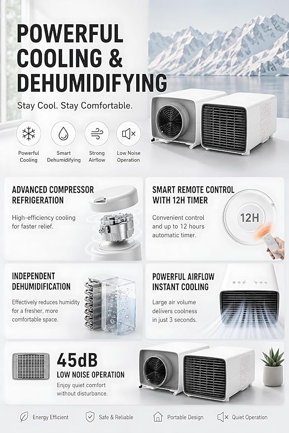 Aire Acondicionado Portátil 2700 BTU, 280W Bajo Consumo, 3 en 1 Enfriador, Deshumidificador y Ventilador con Compresor DC, Silencioso, Mando a Distancia para Camping y Caravana