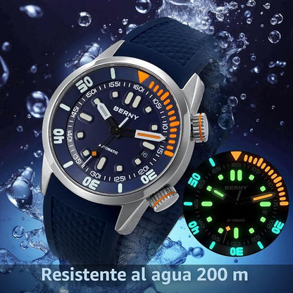 BERNY Reloj De Buceo Hombres 20ATM Movimiento Automático Reloj De Pulsera con Cristal De Zafiro Correa De Silicona Cómoda Super Luminoso