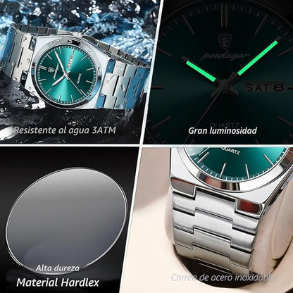 Poedagar Reloj de pulsera de cuarzo para hombre, impermeable, luminoso, fecha, semana, hombre, moda, negocios, clásico, acero inoxidable, reloj para hombre