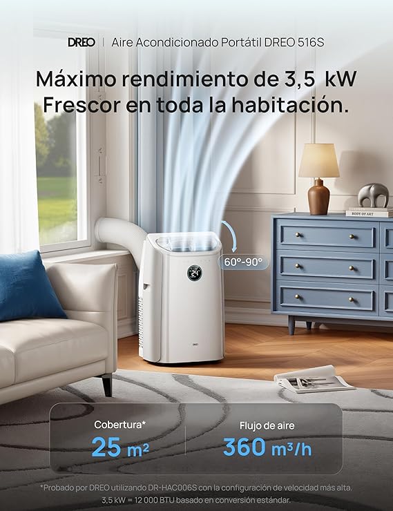 DREO aire acondicionado portátil 12000 BTU 3-en-1 refrigeración/ventilación/deshumidificación, silencioso para dormitorio u oficina, control por app y voz, sin drenaje, kit ventana, 3,2 L/h, AC516S [Clase de eficiencia energética A]