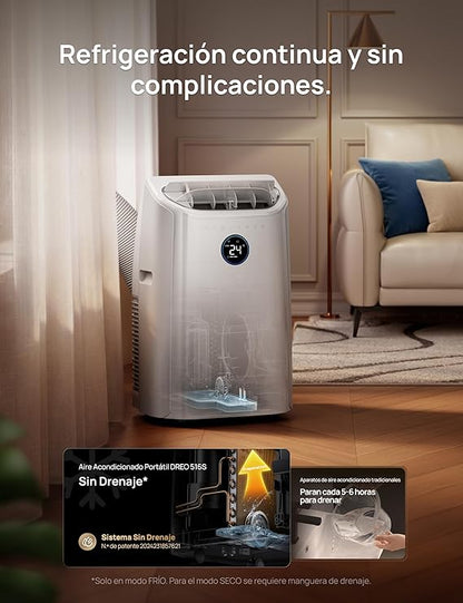 DREO aire acondicionado portátil 12000 BTU 3-en-1 refrigeración/ventilación/deshumidificación, silencioso para dormitorio u oficina, control por app y voz, sin drenaje, kit ventana, 3,2 L/h, AC516S [Clase de eficiencia energética A]