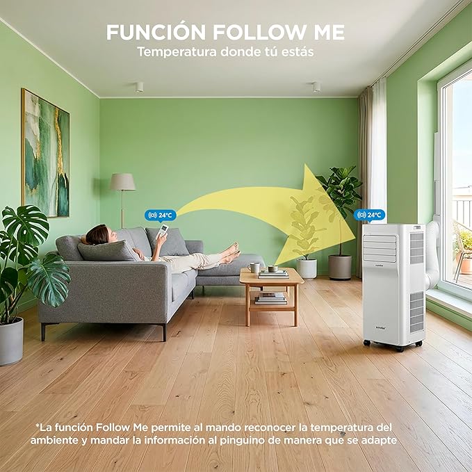 COMFEE Pingüino Aire Acondicionado Portátil 3 en 1 | 8000 BTU/2000 Frigorías Con App + Mando a Distancia | Climatizador y Deshumidificador | Bajo Consumo | Función Follow Me | Incluye kit de Ventana [Clase de eficiencia energética A]