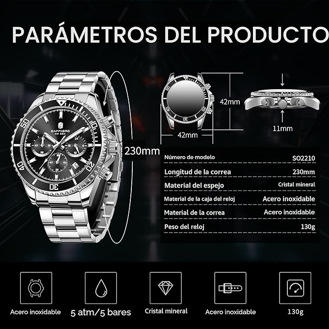 SAPPHERO Reloj Hombre Cronografo Analógico Movimiento de Cuarzo 50M Impermeable Relojes para Hombre Banda de Acero Inoxidable Clásico Casual Diseñador Relojes Elegante Regalo para Hombre