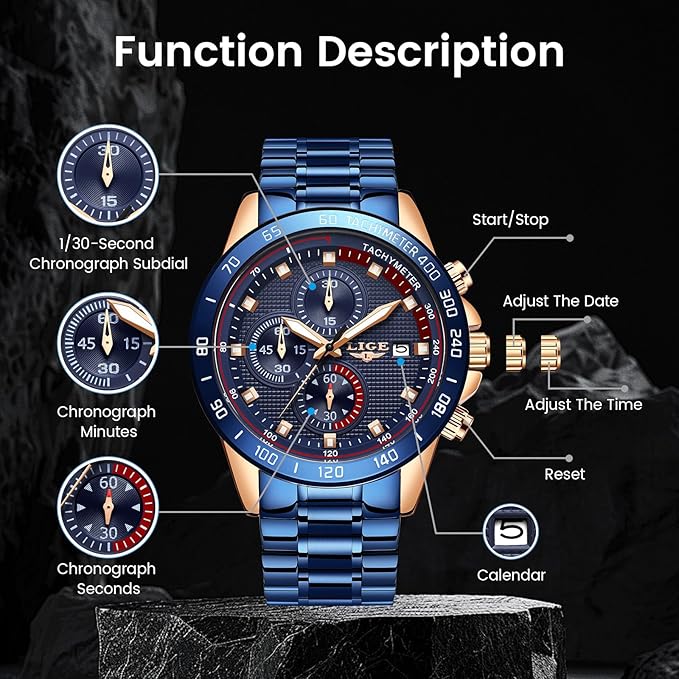 LIGE Reloj para Hombre Cronógrafo Correa de Acero Inoxidable Impermeable Deportivo Negocio Casual Reloj para Caballero