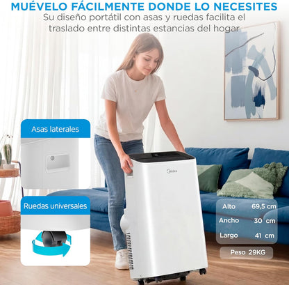 MIDEA Pingüino Aire Acondicionado Portátil 4 en 1 | 3000 Frigorías/12.000 BTU con Control por App | Climatizador y Deshumidificador hasta 35m2 - Modo Sleep, Mando a Distancia | Incluye kit de ventana [Clase de eficiencia energética A]