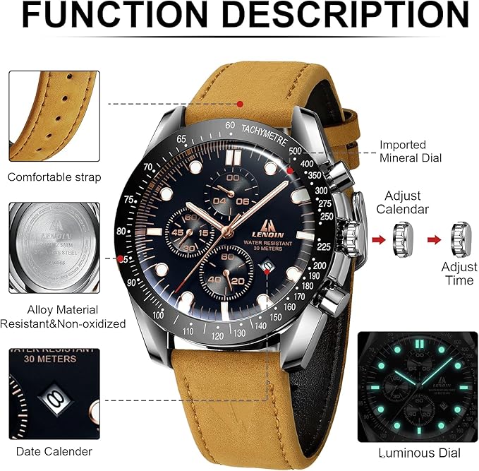 LN LENQIN Reloj Hombre Relojes Cuarzo Analógicos para Hombres Relojes Pulsera para Hombres Resistentes Al Agua hasta 30m Relojes Negocios Moda con Visualización De Fecha Reloj De Cuero