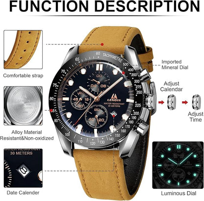 LN LENQIN Reloj Hombre Relojes Cuarzo Analógicos para Hombres Relojes Pulsera para Hombres Resistentes Al Agua hasta 30m Relojes Negocios Moda con Visualización De Fecha Reloj De Cuero