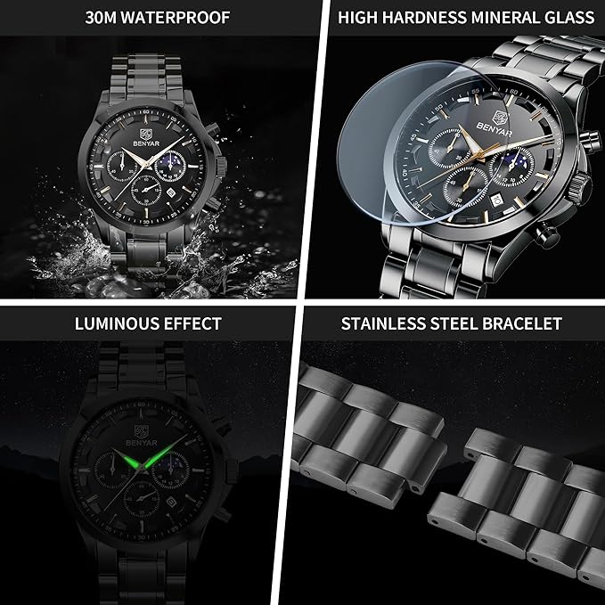 BENYAR by Relojes Hombre Analógico Cuarzo Cronografo Impermeable Luminoso Fecha Moda Casual Reloj de Pulsera Elegante Regalo para Hombre