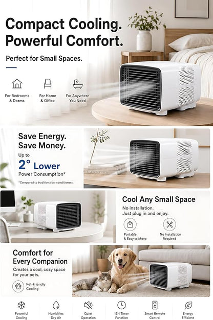 Aire Acondicionado Portátil 2700 BTU, 280W Bajo Consumo, 3 en 1 Enfriador, Deshumidificador y Ventilador con Compresor DC, Silencioso, Mando a Distancia para Camping y Caravana