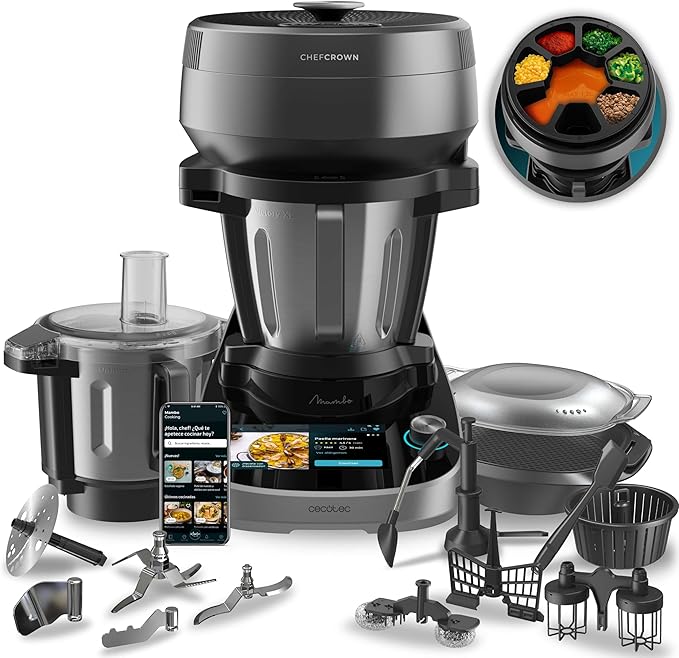 Cecotec Robot de Cocina Multifunción con Dispensador de Alimentos Mambo CooKing Total Gourmet. 2200W, 45 Funciones, Miles de Recetas Guiadas, Jarra Unique de 4,5L y Jarra Victory de 5L, Accesorios