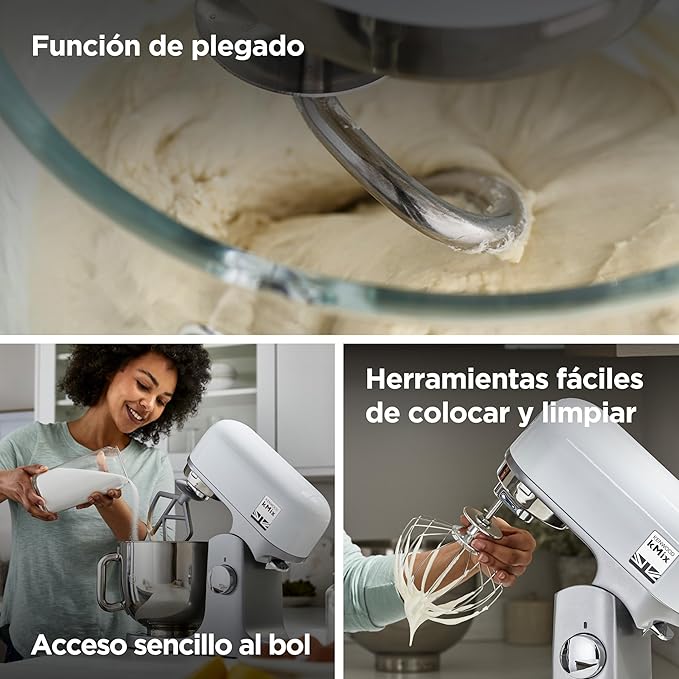 Kenwood kMix KMX750WH - Robot de Cocina Multifunción, 1000 W, Bol Metálico de 5 L con Asa, Gancho para Amasar, Varillas, Mezclado K, Acero Inoxidable, 6 Velocidades, Color Blanco