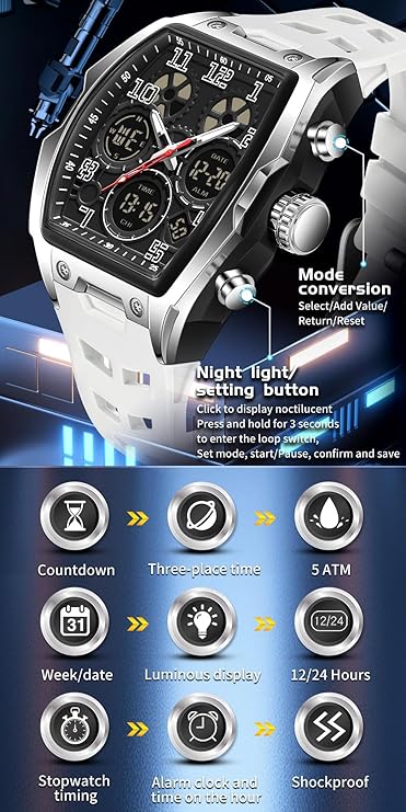 Hombre Relojes para Hombre Rectángulo Unico Reloj Militar Digital Analógico Deportes Reloj de Pulsera con Alarma, Cronómetro,Cuenta Atrás,Cada Hora Chime,Luminoso y Impermeable Multifunción