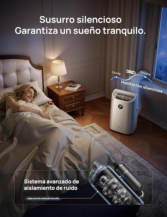 DREO aire acondicionado portátil 12000 BTU 3-en-1 refrigeración/ventilación/deshumidificación, silencioso para dormitorio u oficina, control por app y voz, sin drenaje, kit ventana, 3,2 L/h, AC516S [Clase de eficiencia energética A]