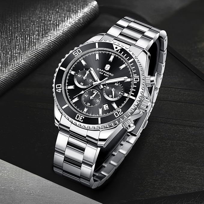 SAPPHERO Reloj Hombre Cronografo Analógico Movimiento de Cuarzo 50M Impermeable Relojes para Hombre Banda de Acero Inoxidable Clásico Casual Diseñador Relojes Elegante Regalo para Hombre