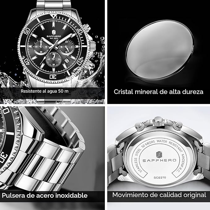 SAPPHERO Reloj Hombre Cronografo Analógico Movimiento de Cuarzo 50M Impermeable Relojes para Hombre Banda de Acero Inoxidable Clásico Casual Diseñador Relojes Elegante Regalo para Hombre