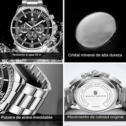 SAPPHERO Reloj Hombre Cronografo Analógico Movimiento de Cuarzo 50M Impermeable Relojes para Hombre Banda de Acero Inoxidable Clásico Casual Diseñador Relojes Elegante Regalo para Hombre