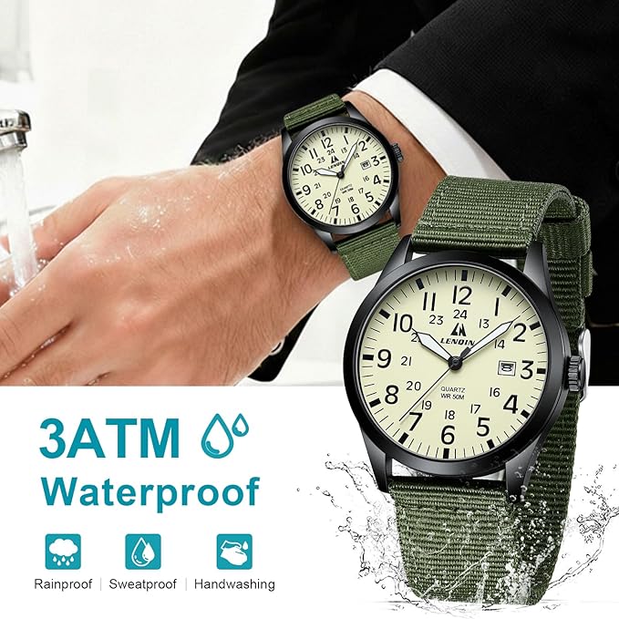 LN LENQIN Reloj Hombre Militar Relojes Analógicos Cuarzo para Hombres Reloj de Campo Luminoso Impermeables Deportivo Táctico Relojes de Pulsera con Fecha y Correa de Nailon