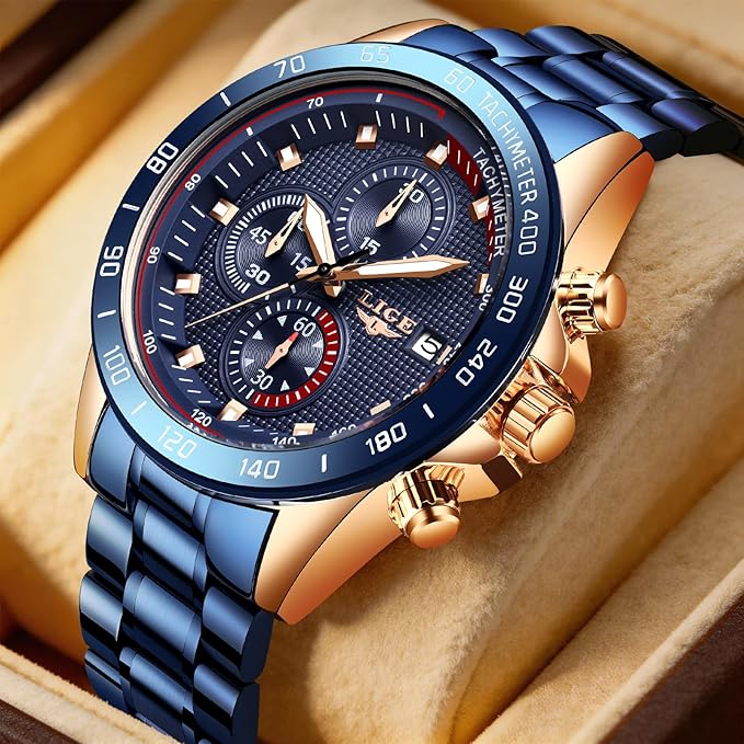 LIGE Reloj para Hombre Cronógrafo Correa de Acero Inoxidable Impermeable Deportivo Negocio Casual Reloj para Caballero